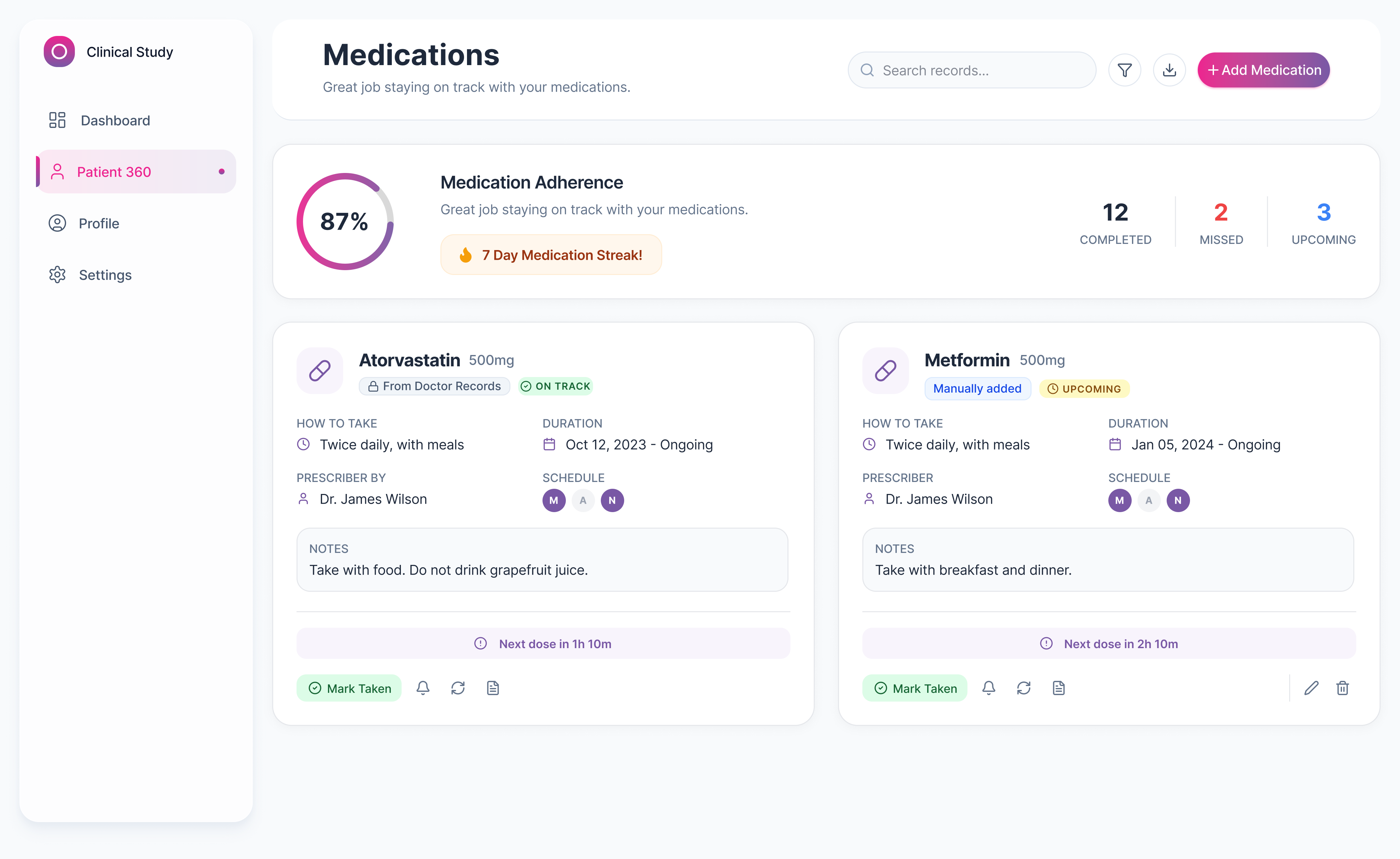 HEKMA Medications dashboard – adherence ring, medication cards with prescriber details and next-dose countdown
