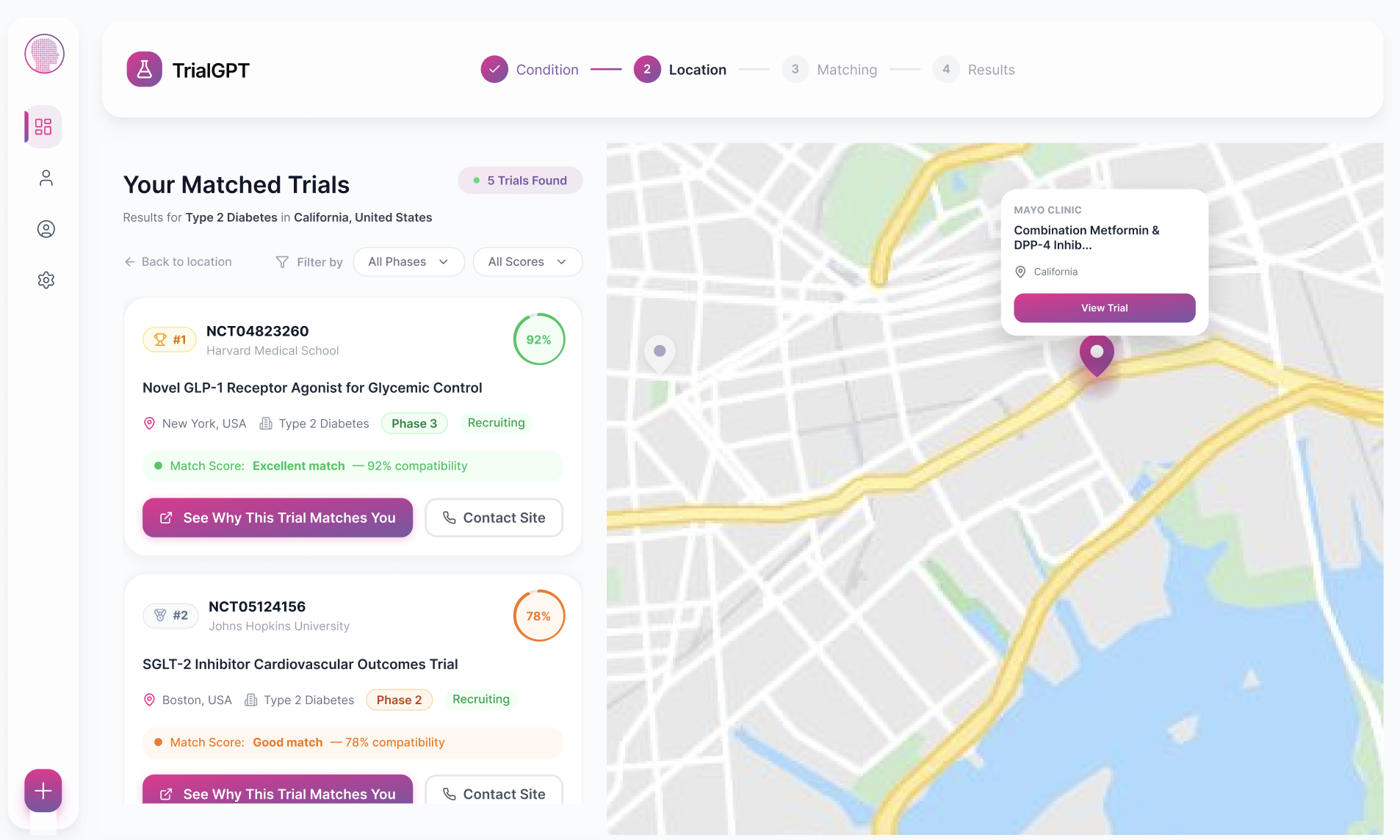 HEKMA trial finder showing matched trials list with map view